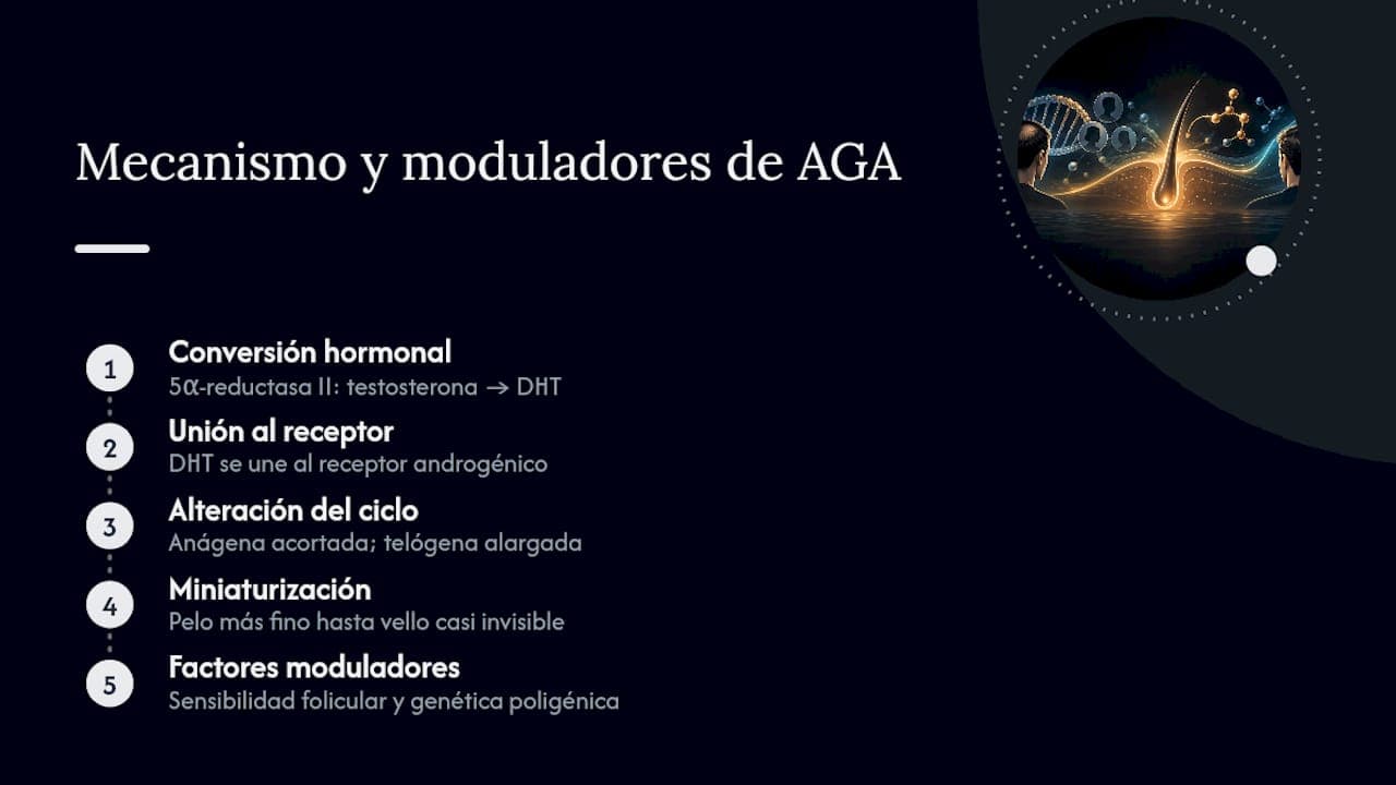 Por qué ocurre: DHT, receptores androgénicos y genética — overview diagram