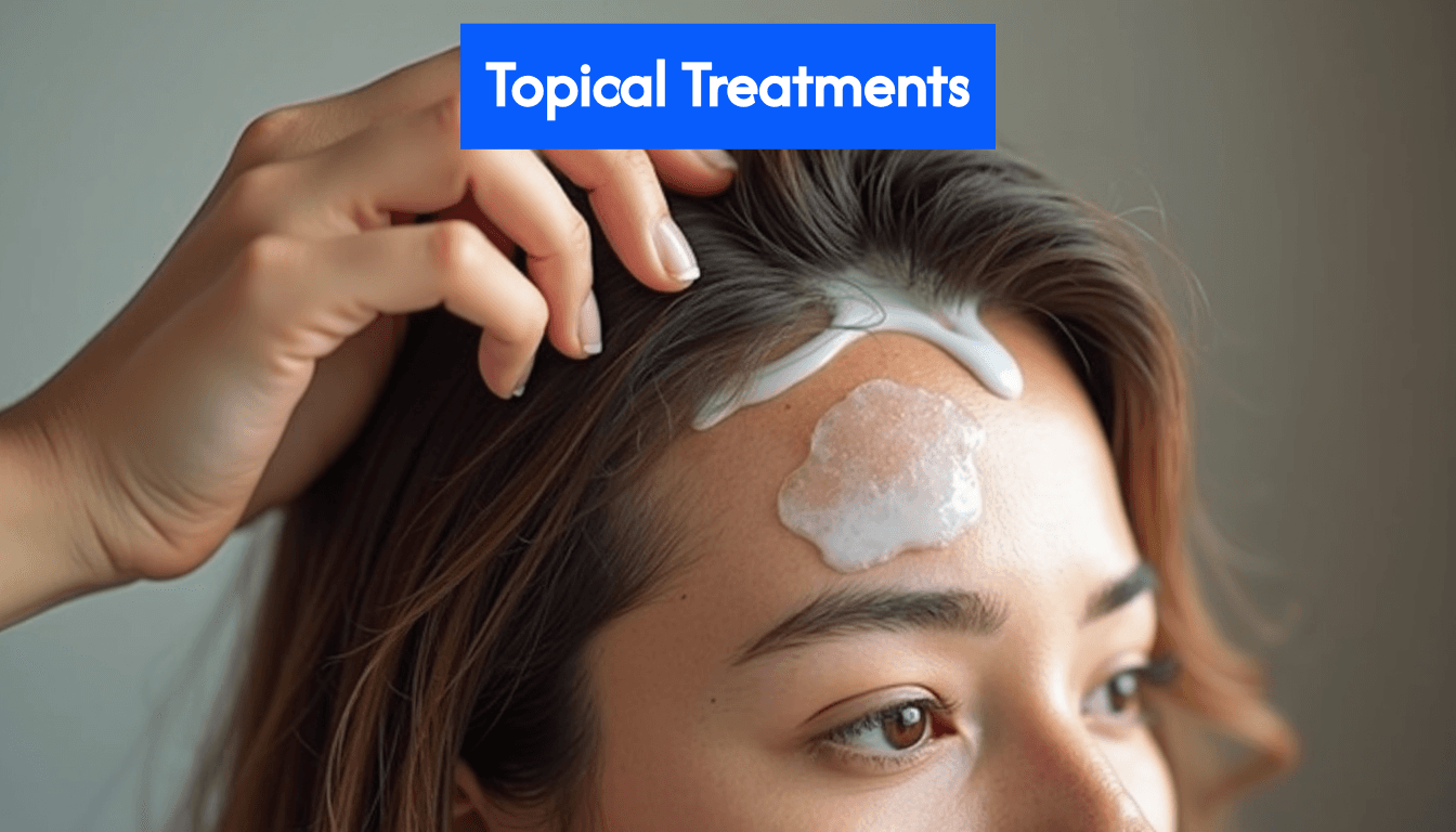 Person applying topical hair treatment to scalp.