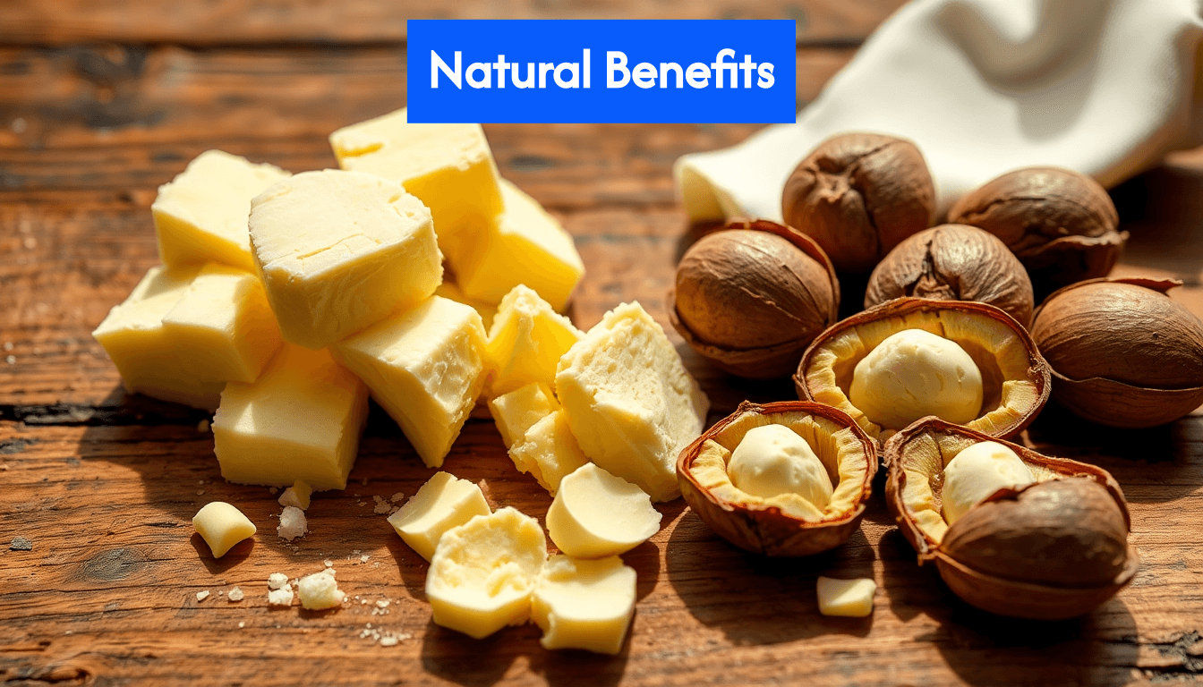 Unrefined shea butter and shea nuts on wood